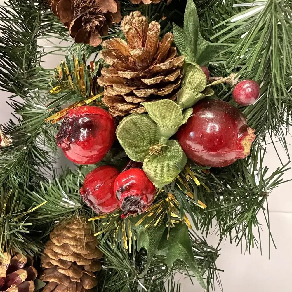 Christmas Wreath Burgundy Velvet Bow Pinecones Apples Berries Holiday Decor